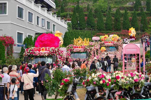 Du khách hào hứng check-in tại không gian rực rỡ của Lễ hội hoa hồng Fansipan trong kỳ nghỉ lễ Giỗ Tổ. Ảnh: Thanh Sơn 