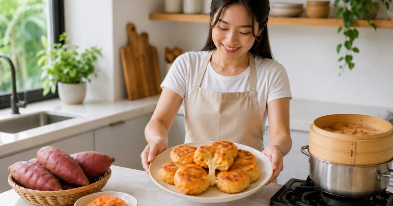 Cách làm bánh khoai lang phô mai chiên áp chảo làm món ăn vặt