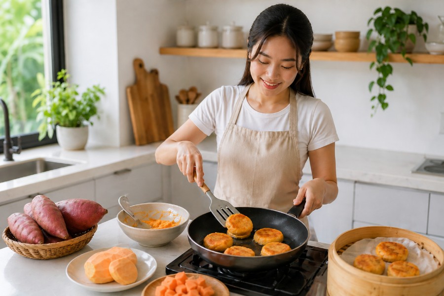 Áp chảo mỗi mặt 3-4 phút cho tới khi bánh vàng nhẹ. Ảnh: Thùy Linh