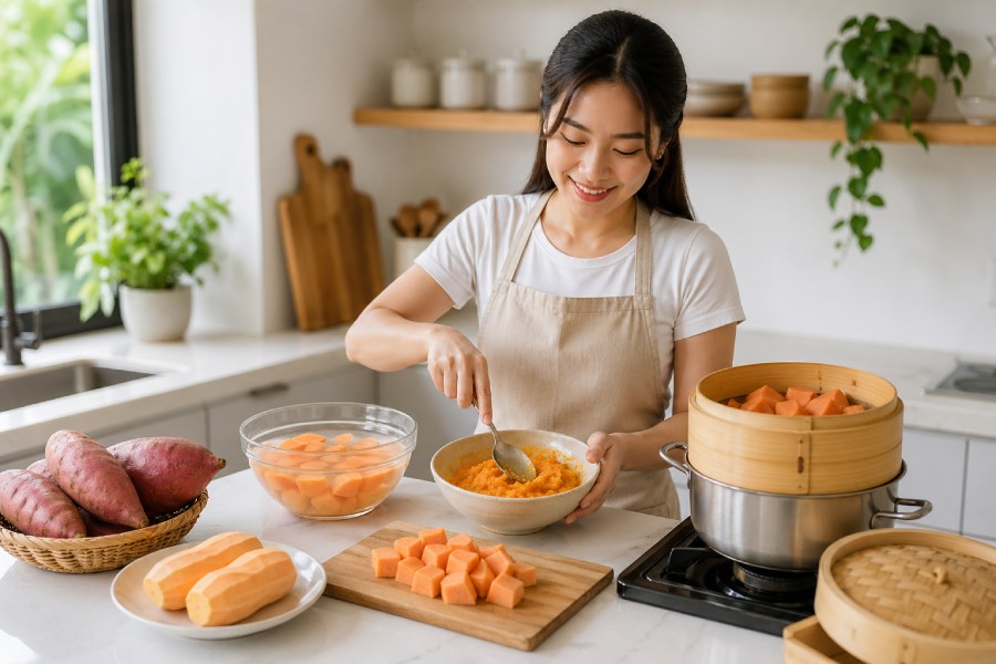 Khoai lang được hấp chín mềm, nghiền nhuyễn để làm phần vỏ bánh dẻo thơm. Ảnh: Thùy Linh 