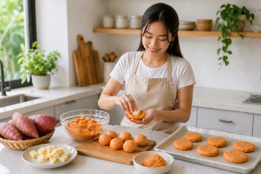Khoai lang nghiền được trộn cùng bột nếp, bột năng và sữa tươi thành khối bột mềm. Ảnh: Thùy Linh 