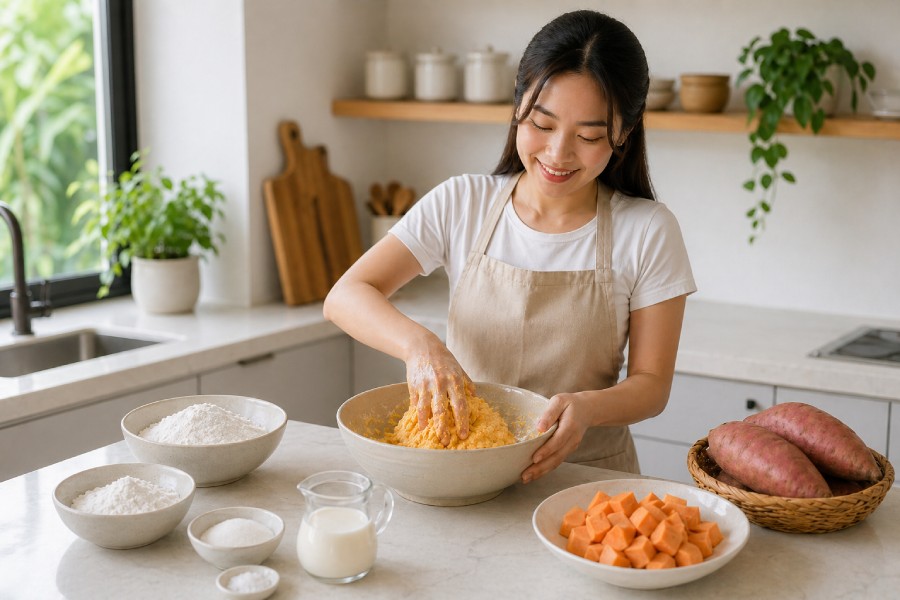 Khoai lang nghiền được trộn cùng bột nếp, bột năng và sữa tươi thành khối bột mềm. Ảnh: Thùy Linh