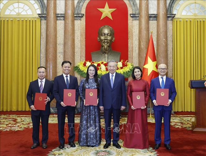 Tổng Bí thư, Chủ tịch nước Tô Lâm trao quyết định bổ nhiệm cho 5 Đại sứ nước Cộng hoà xã hội Chủ nghĩa Việt Nam tại nước ngoài. Ảnh: TTXVN 