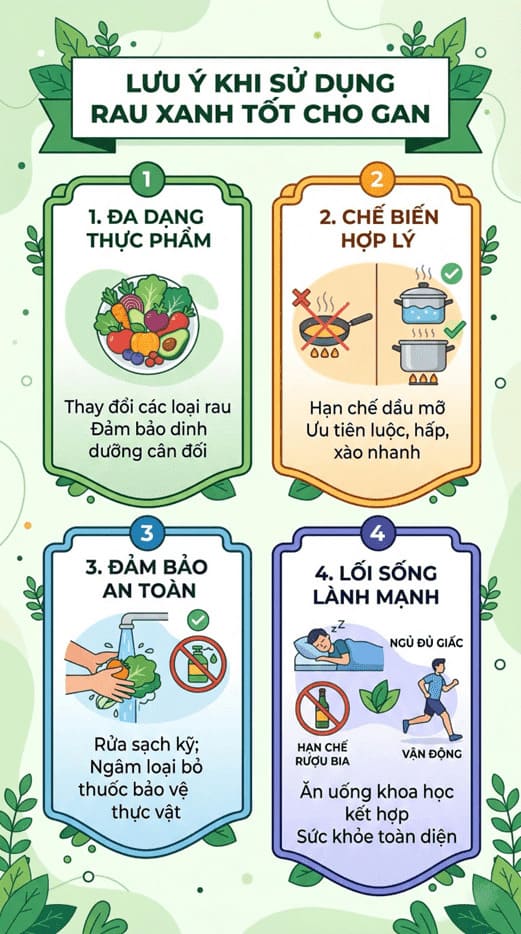 Infographic: 4 lưu ý quan trọng khi ăn rau xanh giúp bảo vệ và thải độc gan hiệu quả. Đồ họa: Trà My