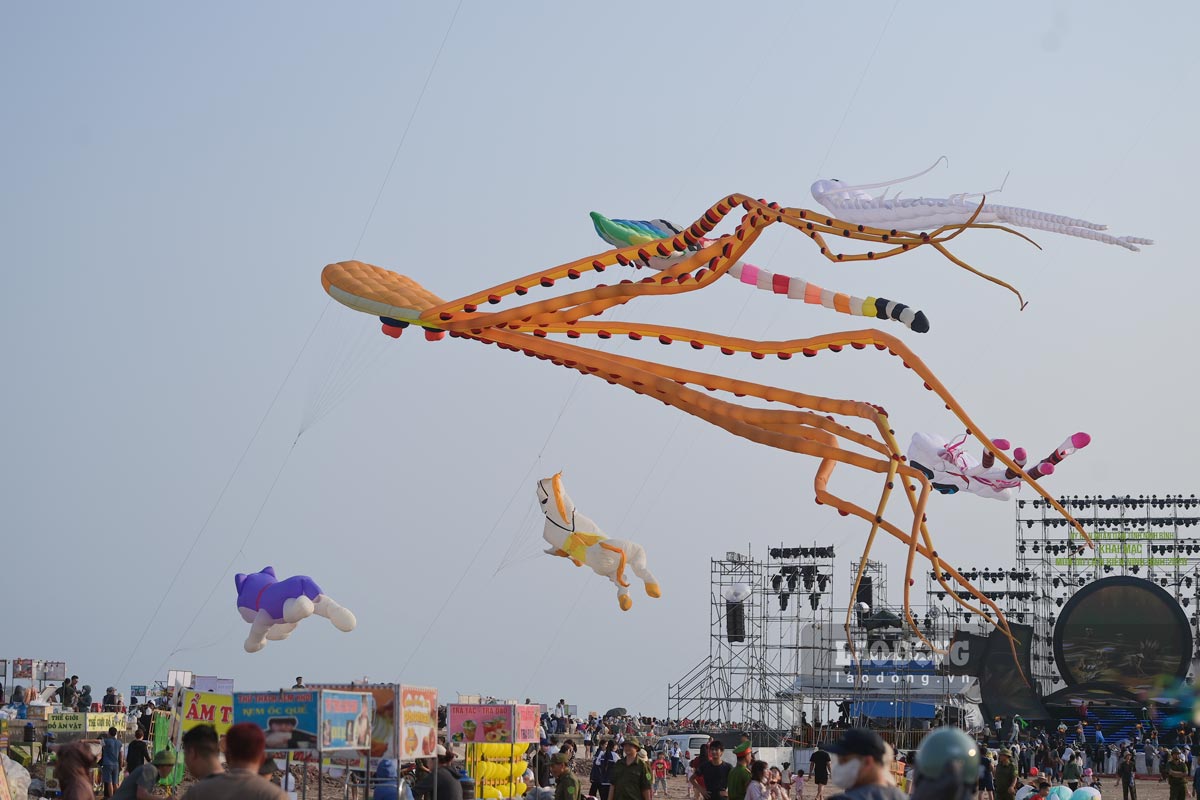 Những con diều đa sắc màu bay trên bầu trời khu du lịch biển Thịnh Long, xã Hải Thịnh, tỉnh Ninh Bình. Ảnh: Hà Vi