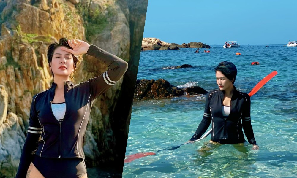 Actress Minh Cuc and her daughter traveling to the sea. Photo: NVCC