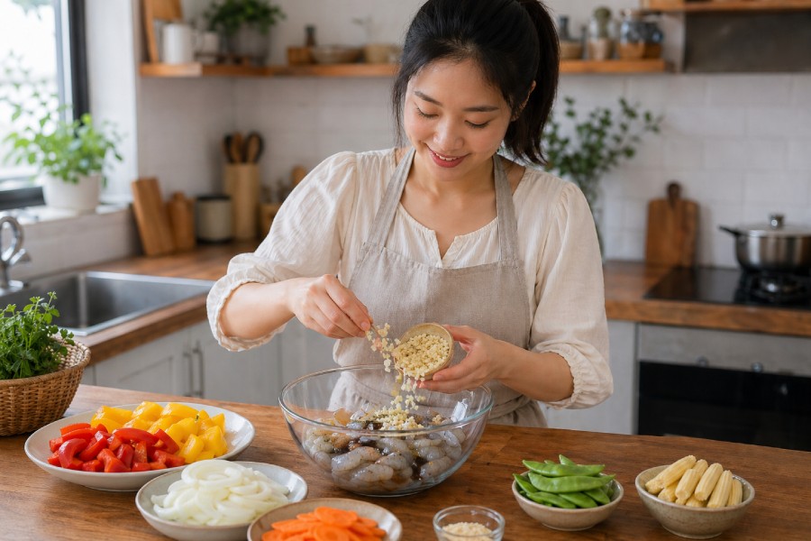 Tôm được ướp nhẹ với tỏi, dầu hào và tiêu để giữ vị ngọt tự nhiên khi xào.