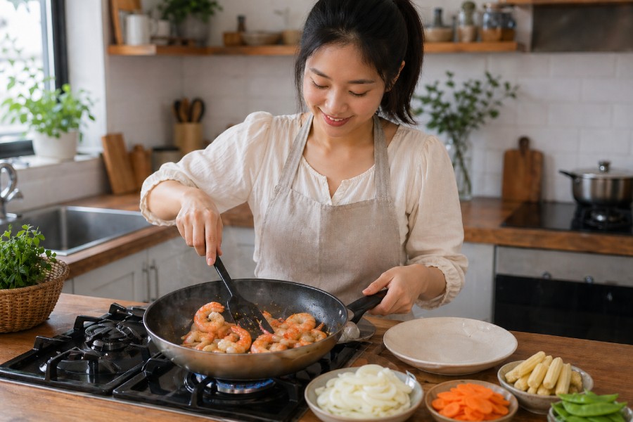 Tôm được xào nhanh trên lửa lớn đến khi săn lại và chuyển màu đẹp mắt. Ảnh: Thùy Linh