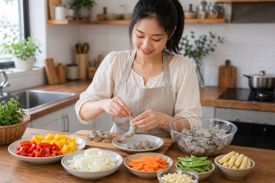 Tôm tươi được bóc vỏ, rút chỉ đen và chuẩn bị cùng các loại rau củ nhiều màu sắc. Ảnh: Thùy Linh