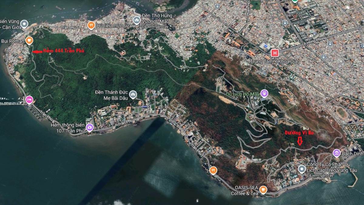 Current status of Tuong Ky mountain (Big Mountain in Vung Tau) and existing traffic routes. Photo: Google maps