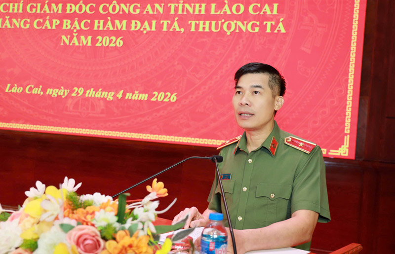 Thiếu tướng Cao Minh Huyền - Giám đốc Công an tỉnh Lào Cai phát biểu tại buổi lễ. Ảnh: Đơn vị cung cấp
