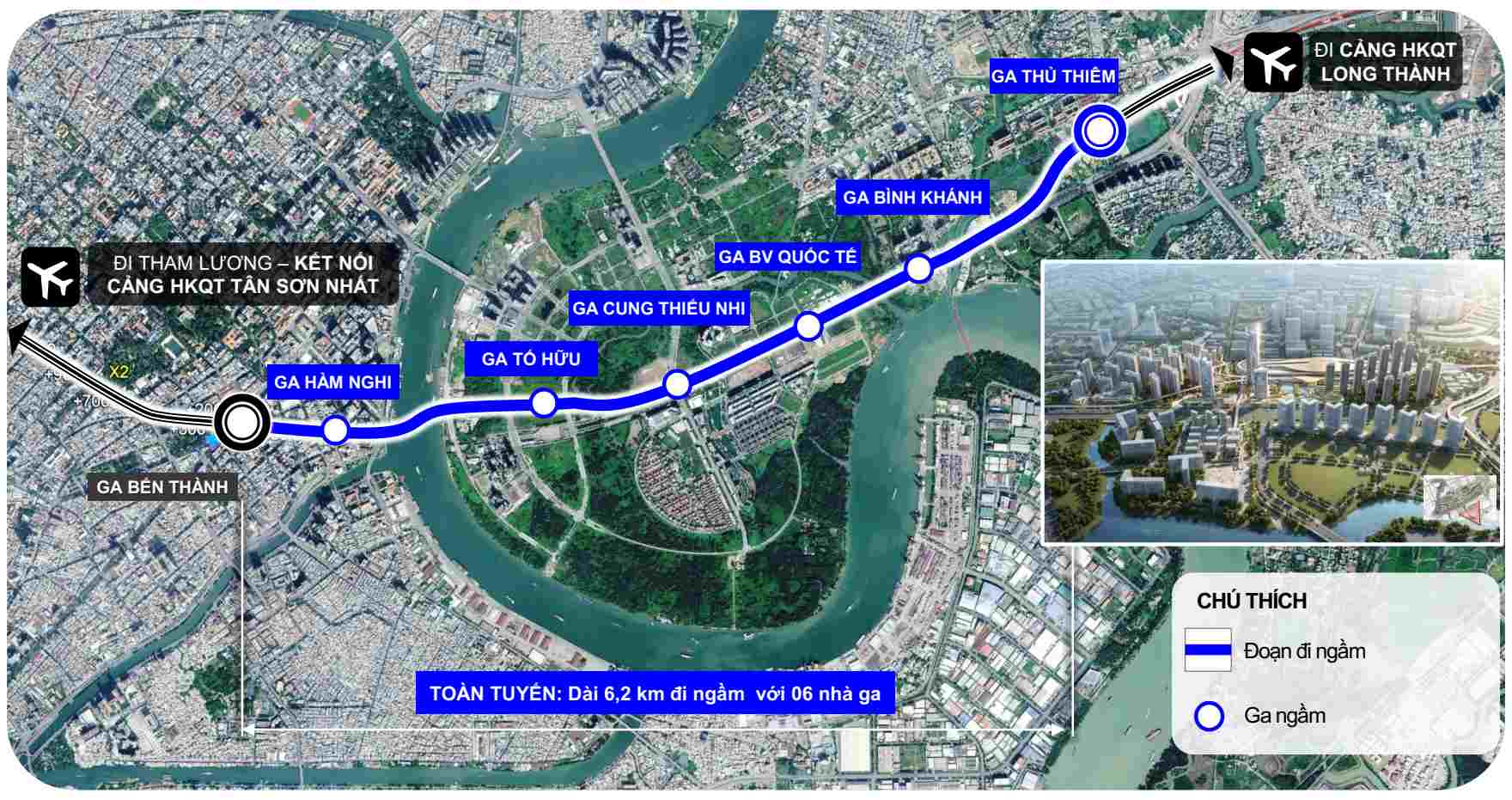 Hướng tuyến Metro Bến Thành - Thủ Thiêm. Ảnh: Thaco