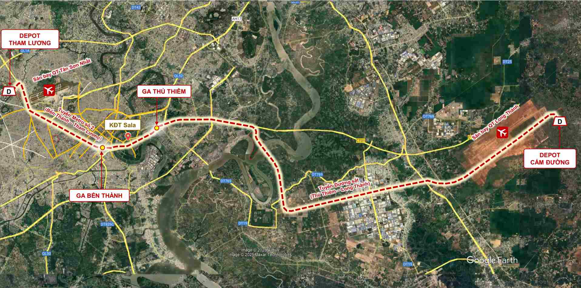 Metro Bến Thành - Thủ Thiêm là mảnh ghép trên trục đường sắt đô thị kết nối sân bay Tân Sơn Nhất - trung tâm thành phố - sân bay Long Thành.  Ảnh: Thaco