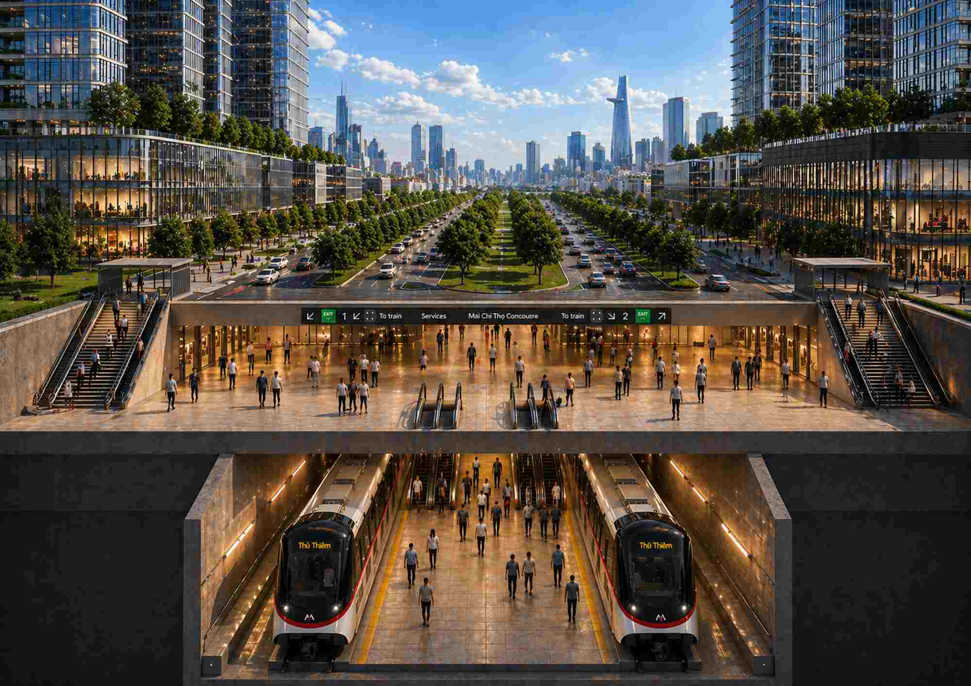 마이찌토 거리 아래 벤탄 - 투티엠 지하철역 조감도. 사진: Thaco