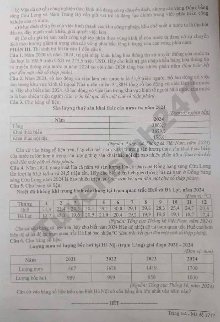 Đề thi khảo sát chất lượng học sinh lớp 12 năm học 2025 - 2026 môn Địa lí (Sở GDĐT Thanh Hóa - lần 2). Ảnh: Tuyensinh247  