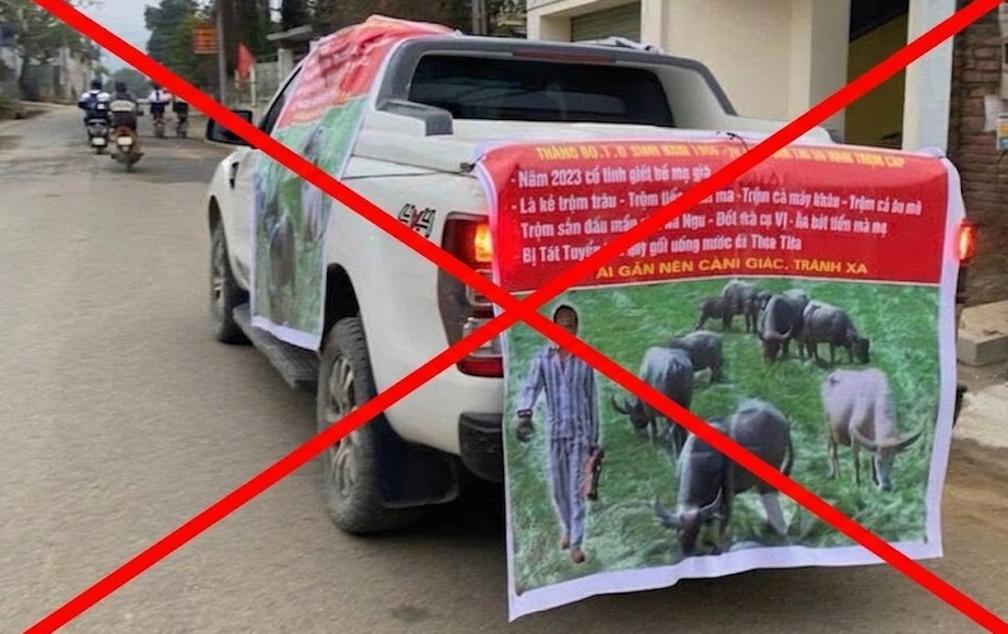 Phu Cat Police have invited a group of people to put other people's photos on pickup trucks and shame them all over the village. Photo: Character provided
