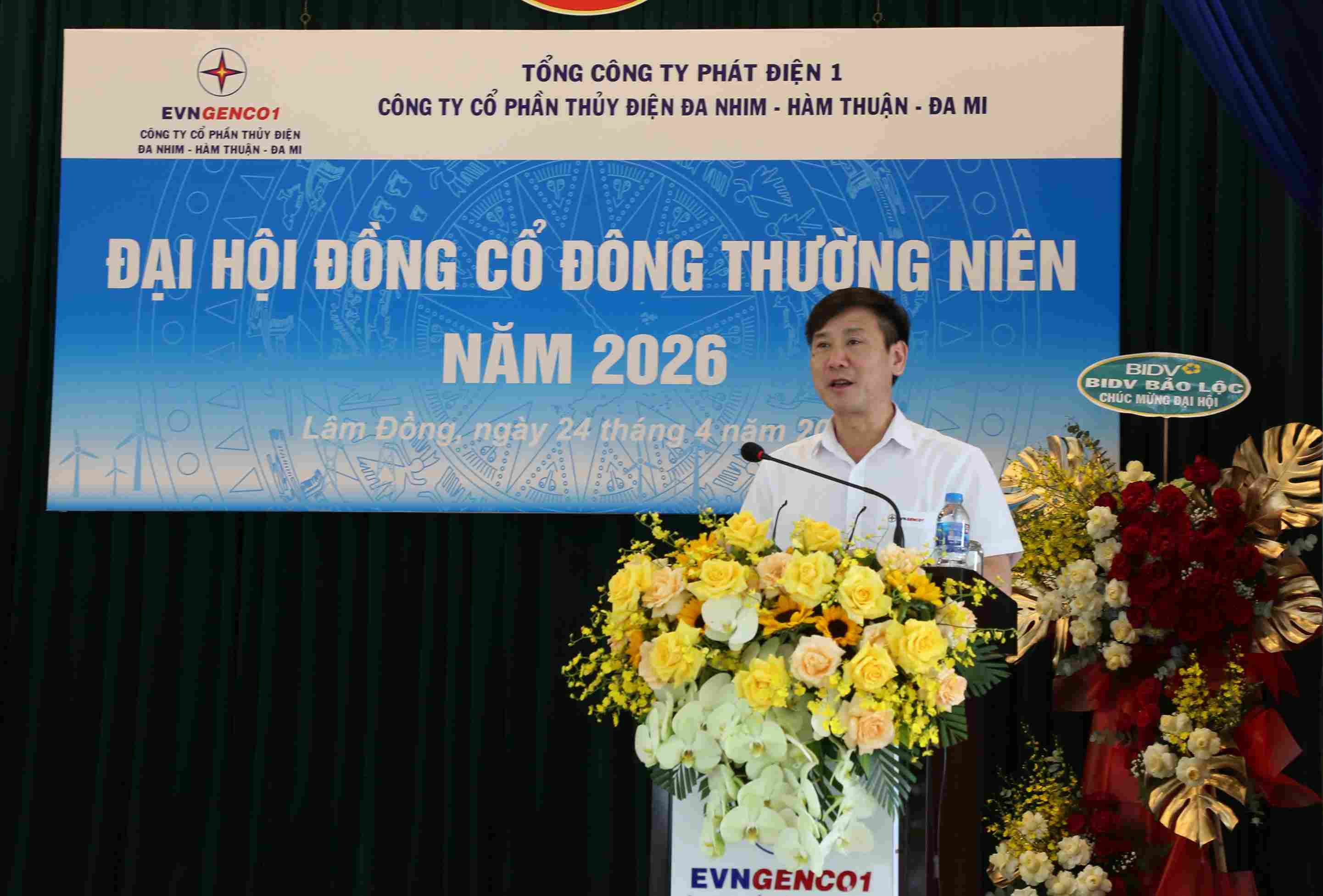 Ông Đinh Kim Cương - Thành viên Hội đồng Thành viên Tổng công ty Phát điện 1 phát biểu tại Đại hội. Ảnh: ĐHĐ 