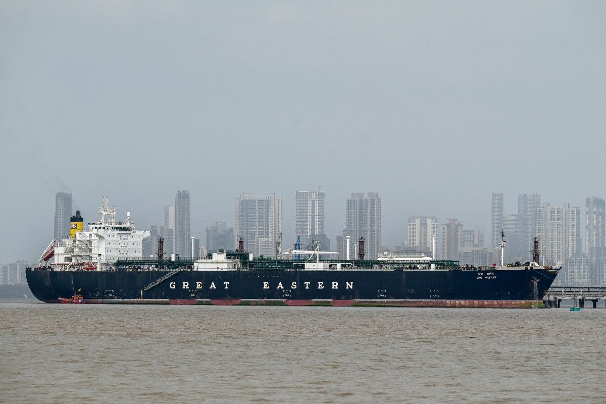 Jag Vasant ship carrying LPG flying the Indian flag, which once passed through the Strait of Hormuz amidst escalating Middle East conflict, is currently anchored at Mumbai coastal cargo handling port on April 1, 2026. Photo: AFP