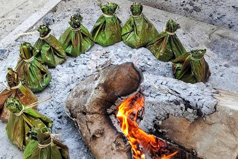 Rêu suối sau khi trộn gia vị, được gói nhiều lớp lá chuối và ủ tro nóng hoặc đặt trên than hồng đến khi chín. Ảnh: Vì Dung