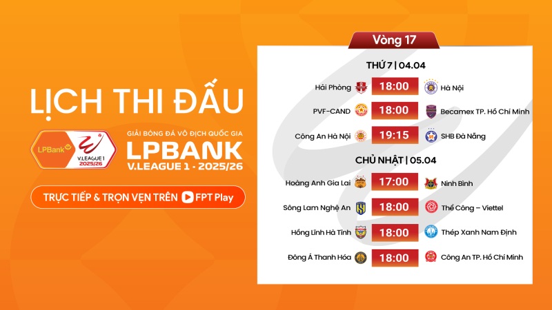 Lịch thi đấu vòng 17 V.League 2025-2026. Ảnh: FPT Play