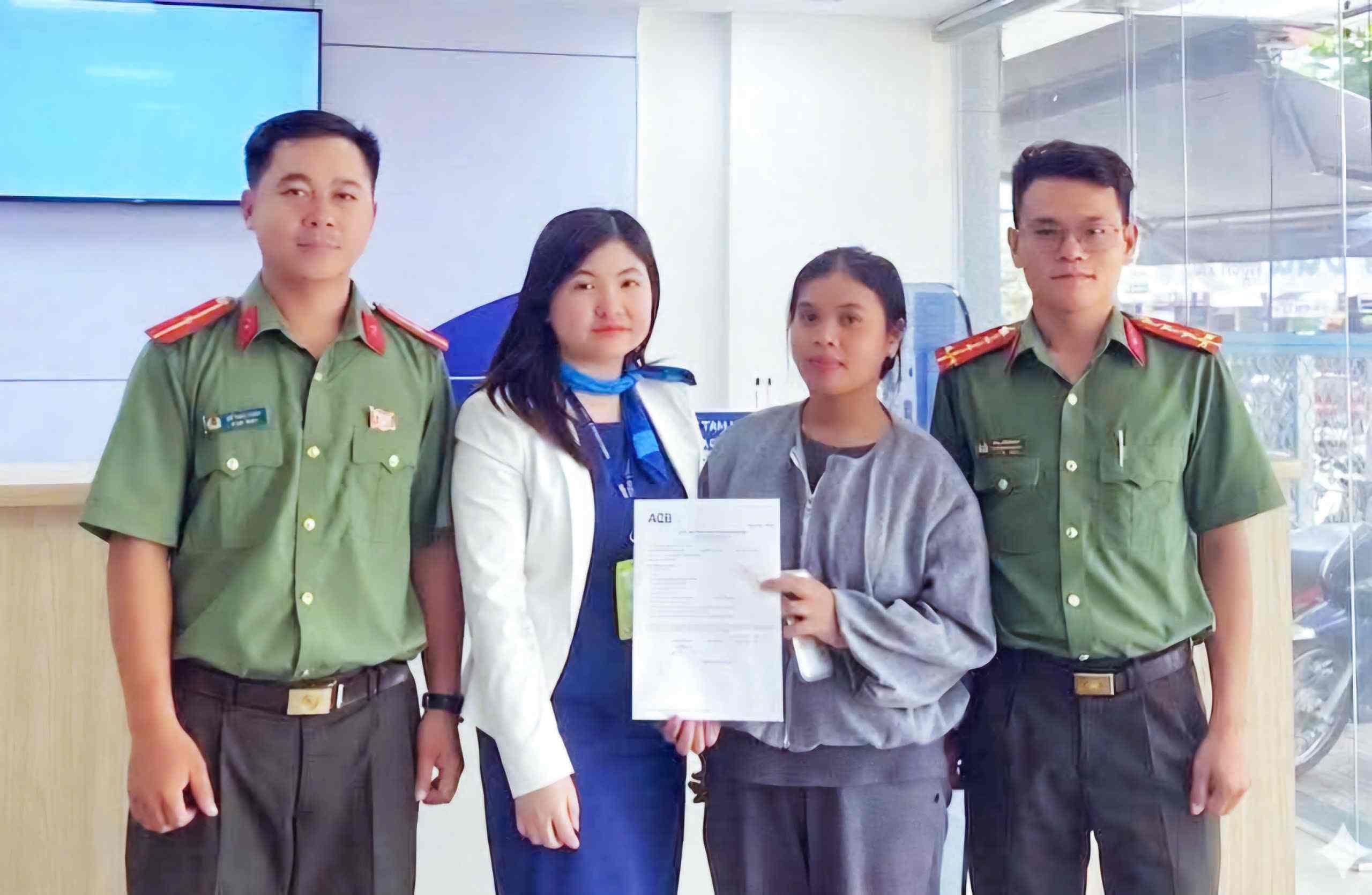 A woman in Da Huoai 3 commune (Ms. Hoi - 2nd from right) returns 500 million VND to the wrong transferee. Photo: Da Huoai 3 Commune Police