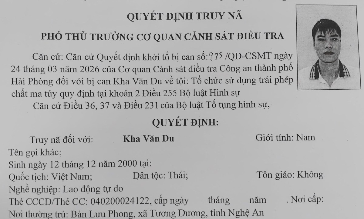 Quyết định truy nã Kha Văn Du. Ảnh: Công an Hải Phòng