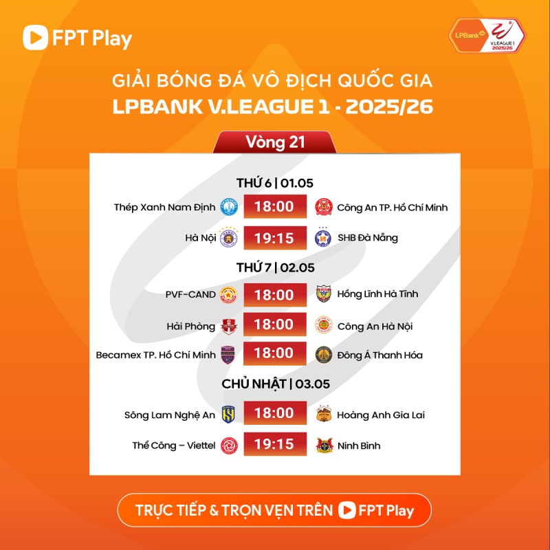 Lịch thi đấu vòng 21 V.League 2025-2026. Ảnh: FPT Play