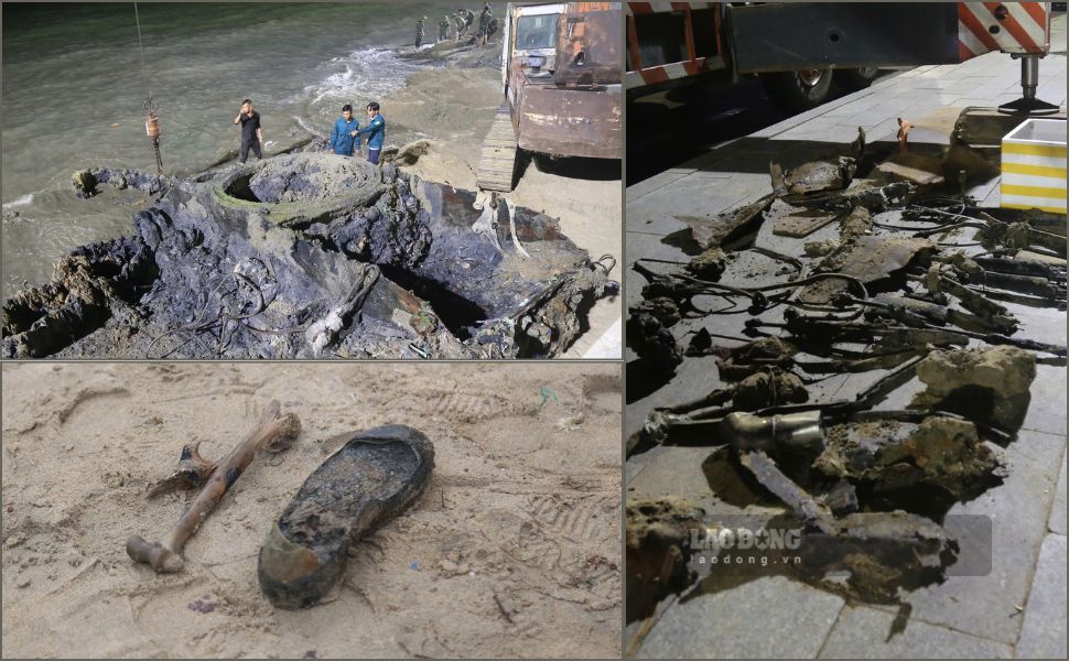 Salvaging tank wreckage floating to Quy Nhon beach, military forces discovered many guns and ammunition, bone fragments suspected to be human bones and many other artifacts. Photo: Hoai Phuong