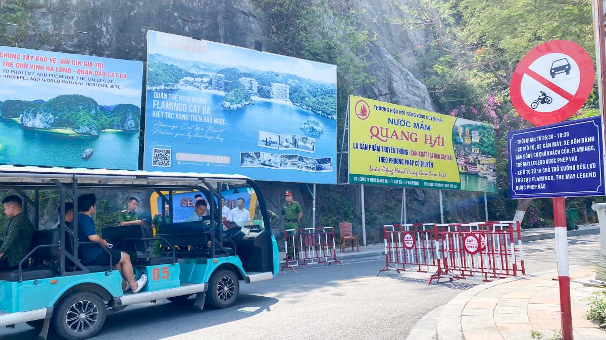 Các phương tiện ô tô thực hiện trả khách tại khu vực chân dốc Cát Cò 1, 2 theo phương án tổ chức giao thông mới. Ảnh: Cổng TTĐT Cát Hải