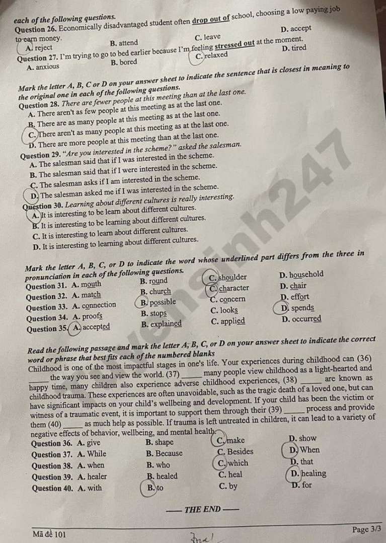 Đề thi thử vào lớp 10 lần 2 môn Anh 2026 - THPT Sông Công (Sở GDĐT Thái Nguyên). Ảnh: Tuyensinh247  