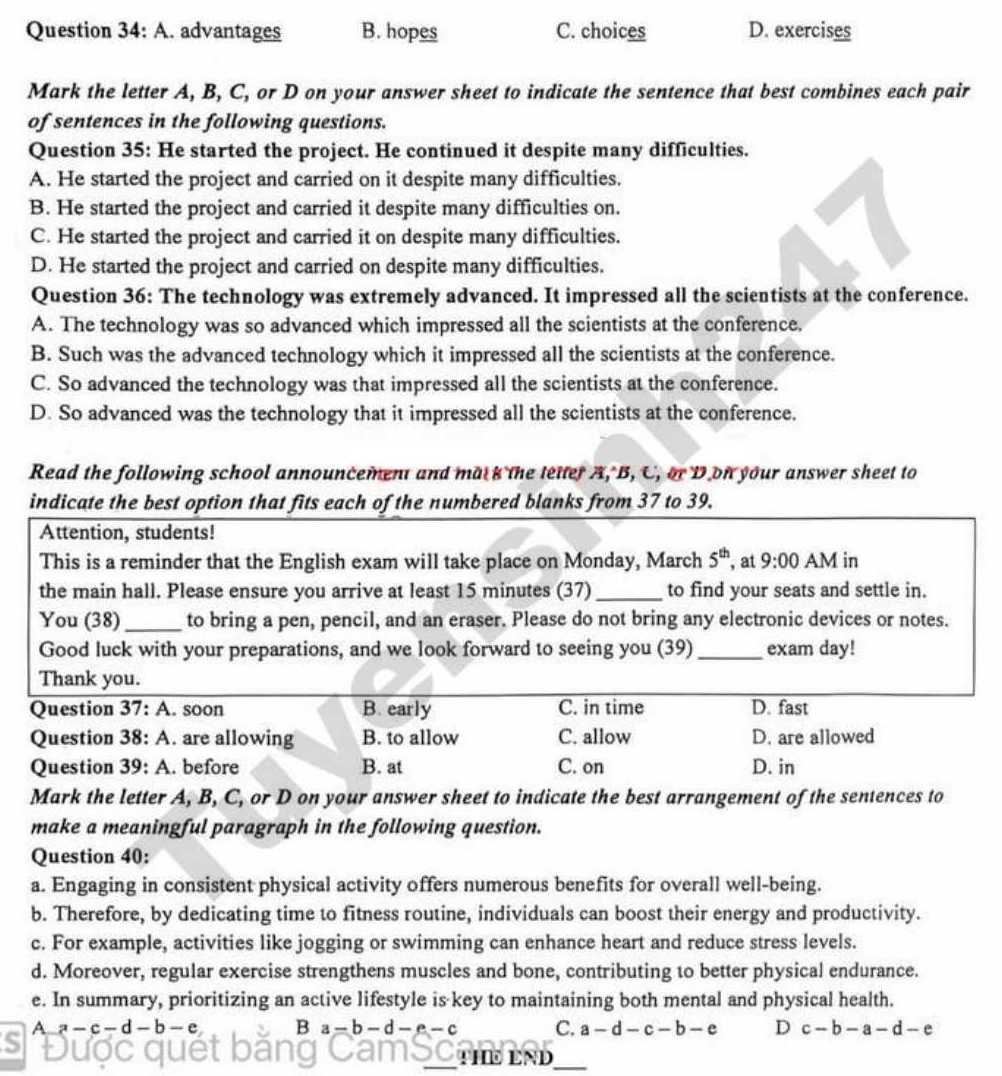 Đề thi thử vào lớp 10 THPT môn Anh 2026 - phường Thành Vinh. Ảnh: Tuyensinh247