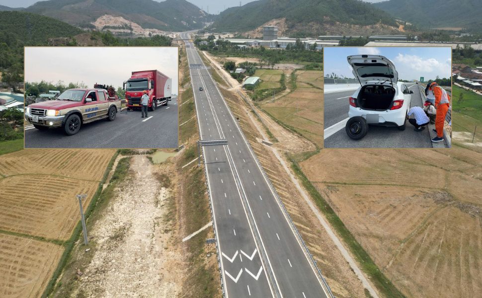 Many vehicles encountered tire damage when traveling on the North-South expressway through Quang Ngai and Gia Lai newly put into operation. Photo: Quang Bat