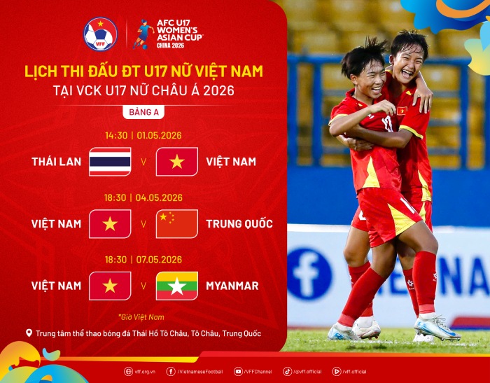 Lịch thi đấu U17 nữ Việt Nam tại giải U17 nữ châu Á 2026. Ảnh: VFF