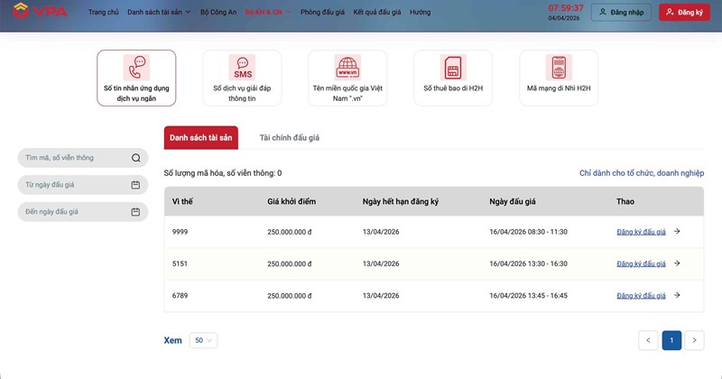Đấu giá các số điện thoại 9999, 6789, 5151