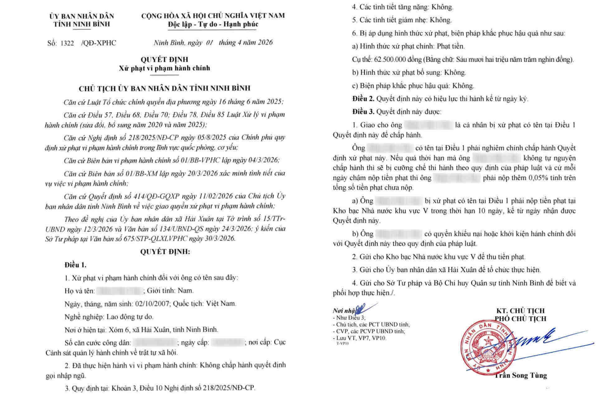 Quyết định xử phạt vi phạm hành chính của UBND tỉnh Ninh Bình đối với P.Đ.D vì không chấp hành quyết định gọi nhập ngũ. Ảnh: Diệu Anh