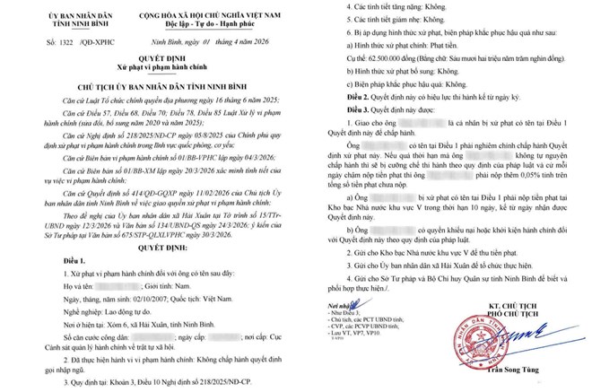 Không chấp hành quyết định gọi nhập ngũ, thanh niên ở Ninh Bình bị phạt 62,5 triệu đồng