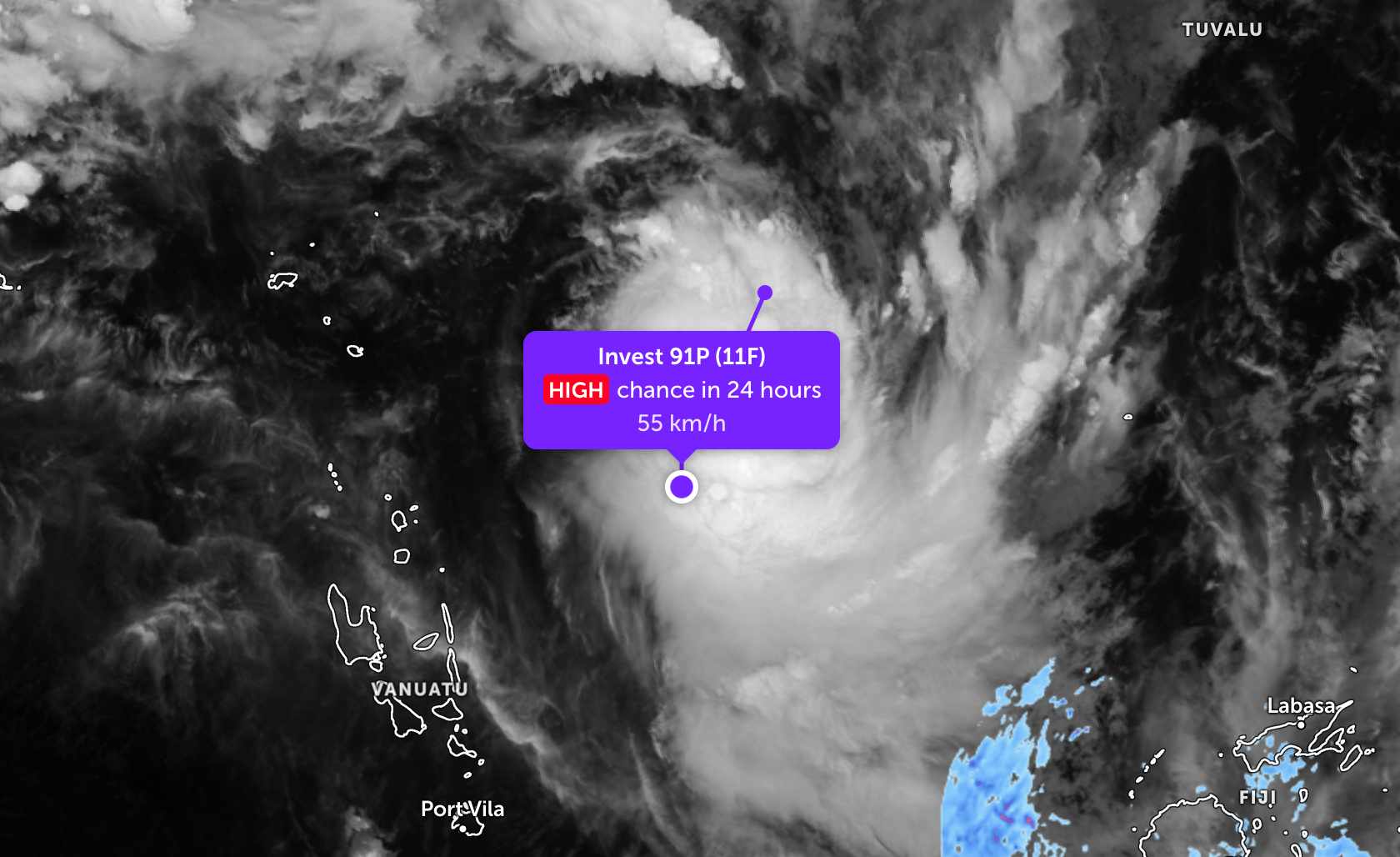Áp thấp có khả năng cao sẽ mạnh lên thành bão trong 24 giờ tới. Ảnh: JTWC