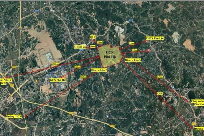 Mối tương quan của vị trí thực hiện dự án cụm công nghiệp Phú Hộ đối với các đối tượng tự nhiên xung quanh khác. Ảnh: Quy hoạch.