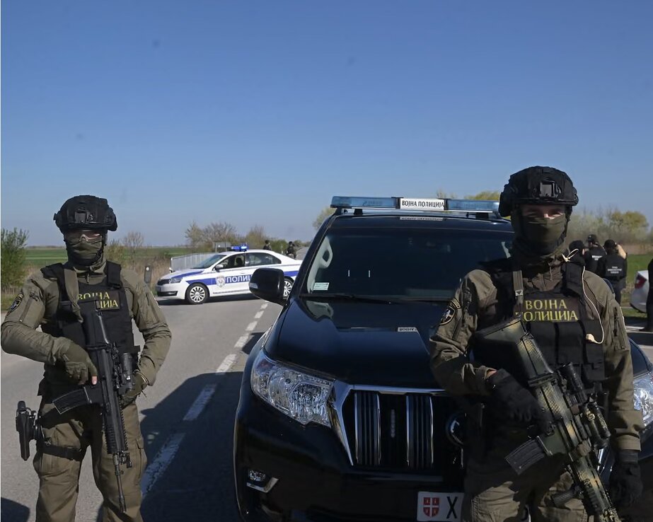 Police block a road near Kanjiza in Serbia, after explosives were discovered near the TurkStream gas pipeline. Photo: Serbian Ministry of Defense