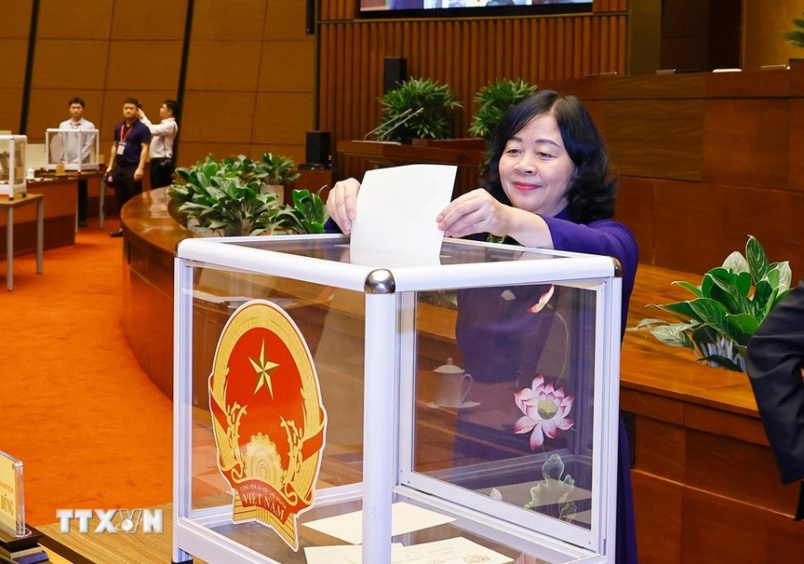 Ủy viên Bộ Chính trị, Bí thư Trung ương Đảng, Chủ tịch Ủy ban Trung ương Mặt trận Tổ quốc Việt Nam Bùi Thị Minh Hoài bỏ phiếu bầu Chủ tịch Quốc hội khoá XVI. Ảnh: Doãn Tấn/TTXVN