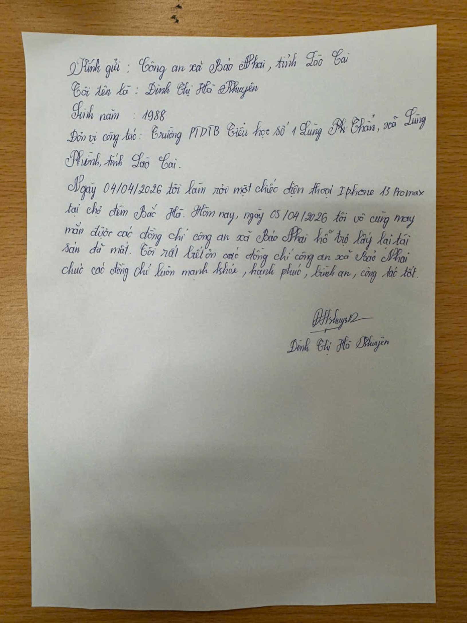 Thư cảm ơn của chị Khuyên. Ảnh: Công an xã Bảo Nhai