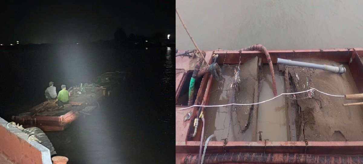 Bắt giữ phương tiện khai thác cát trái phép trên sông Đáy. Ảnh: Công an tỉnh Ninh Bình