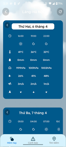 Giao diện hiển thị thời tiết thời gian thực theo vị trí người dùng, với đầy đủ các thông số nhiệt độ, mưa, gió và độ ẩm.