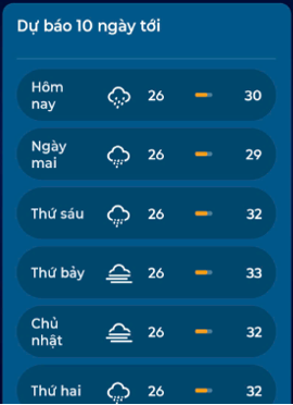 Giao diện dự báo theo chu kỳ 3 giờ và dự báo 10 ngày với nhiệt độ tối cao/tối thấp.