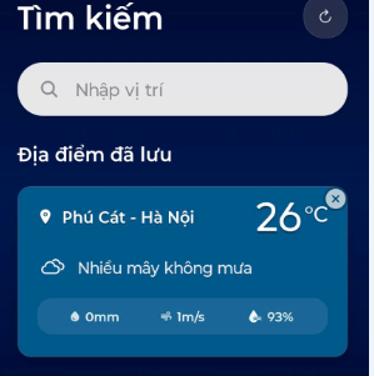 Chức năng tìm kiếm vị trí với gợi ý tự động và quản lý danh sách địa điểm đã lưu.