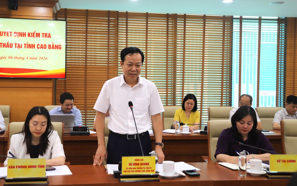 Phó Chủ tịch Thường trực UBND tỉnh Vũ Đình Quang phát biểu tại buổi làm việc. Ảnh: Kim Cúc