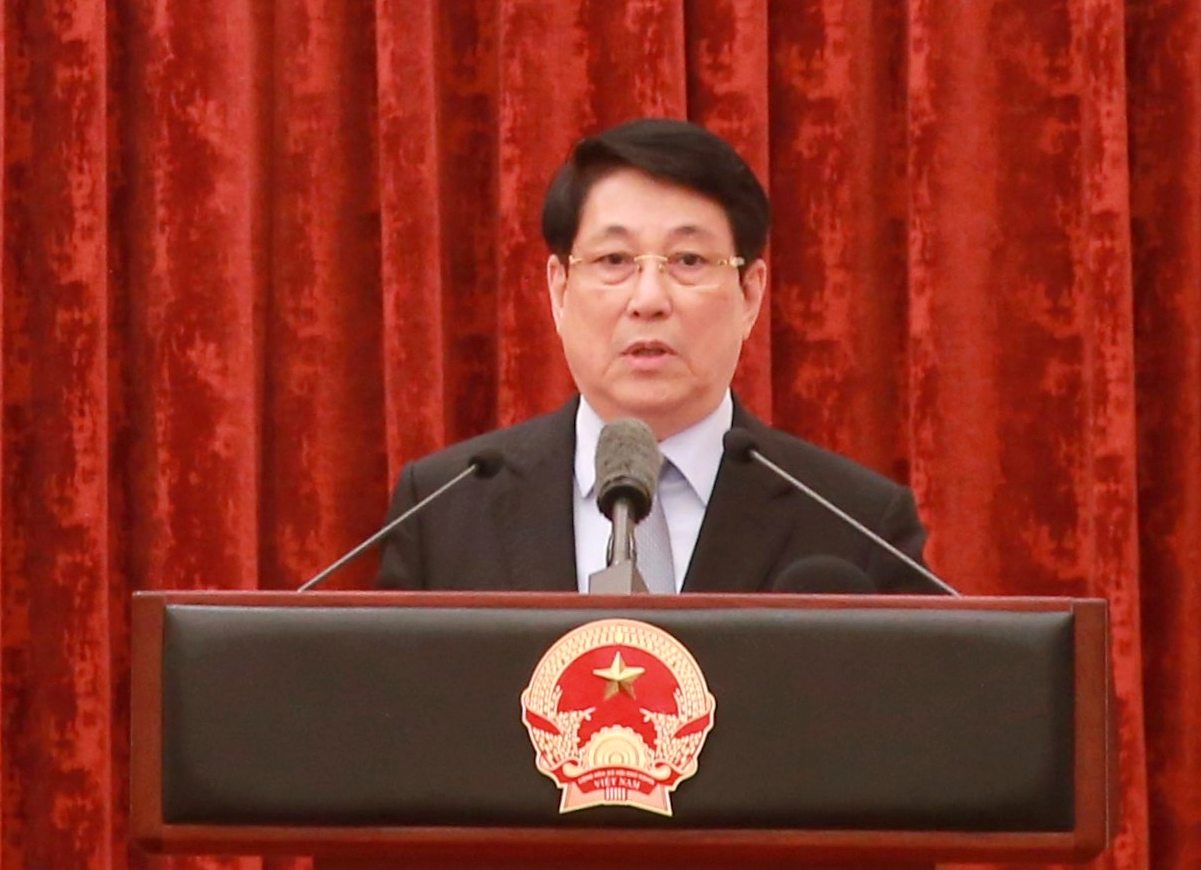 Nguyên Ủy viên Bộ Chính trị, nguyên Chủ tịch nước Lương Cường phát biểu tại cuộc gặp mặt. Ảnh: Hiền Hòa