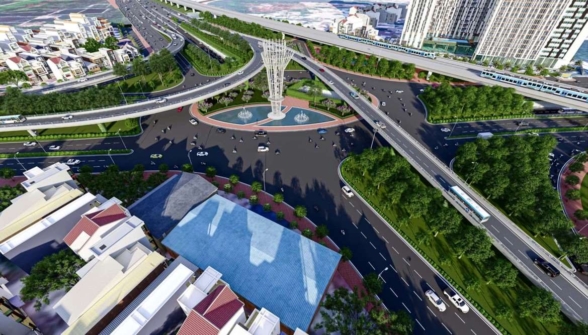 Phối cảnh đường sắt Thủ Thiêm - Long Thành đi qua nút giao An Phú (TPHCM). Ảnh: Sở Xây dựng TPHCM