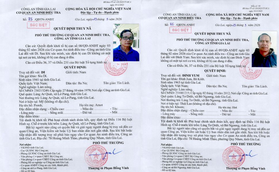 Cơ quan An ninh điều tra Công an tỉnh Gia Lai phát lệnh truy nã đối với Di và Đinh Yum. Ảnh: Công an