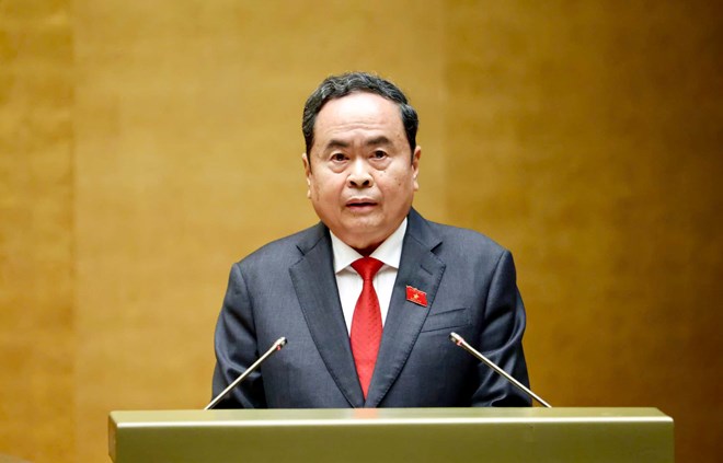 Politburo Member, National Assembly Chairman Tran Thanh Man delivers inauguration speech upon re-election on April 6. Photo: Nhu Y